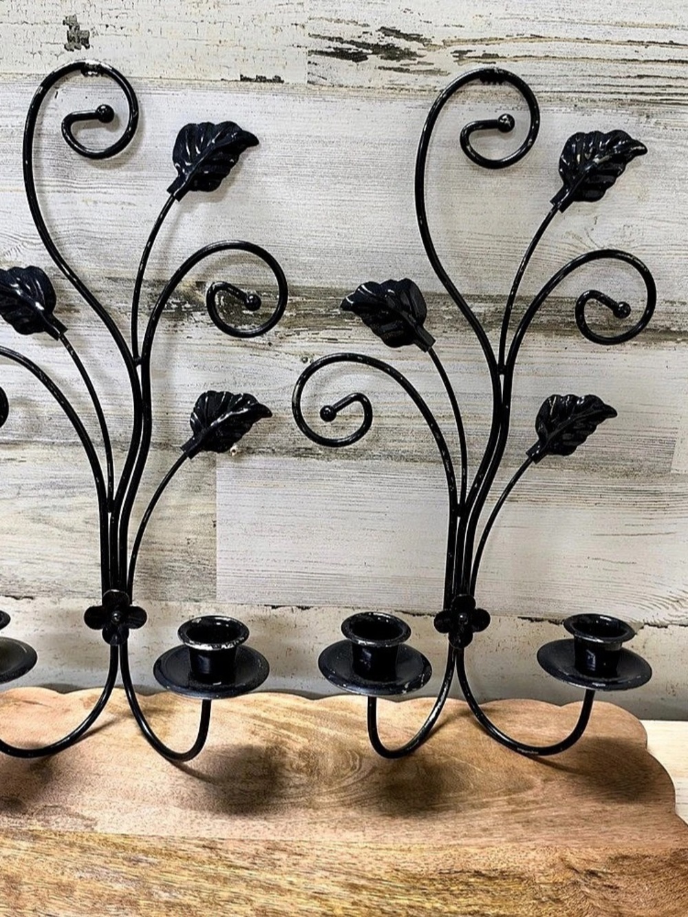 Black Metal Leaf Scroll Wall Candle Holder Set